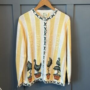 NWT Quacker Factory Garden Cardigan Sweater Lg‎ Yellow White Striped Embroidered